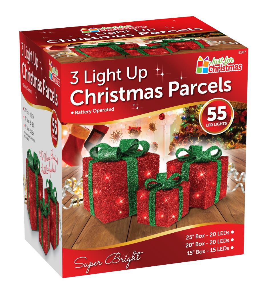 Set of 3 Light Up Christmas Present Parcels Decorations for Under the Tree LED Set of 3 Light Up Christmas Present Parcels Decorations for Under the Tree LED